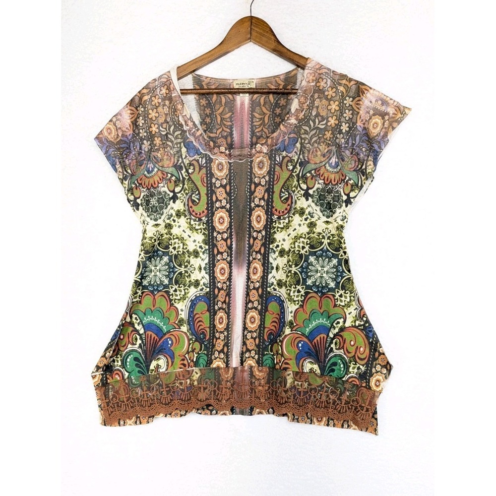 One World Top M Green Print Short Sleeve Geo Persian Print